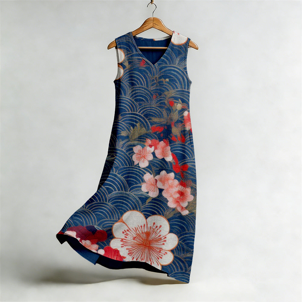 Japanese Floral Art V Neck Flowy Linen Midi Dress