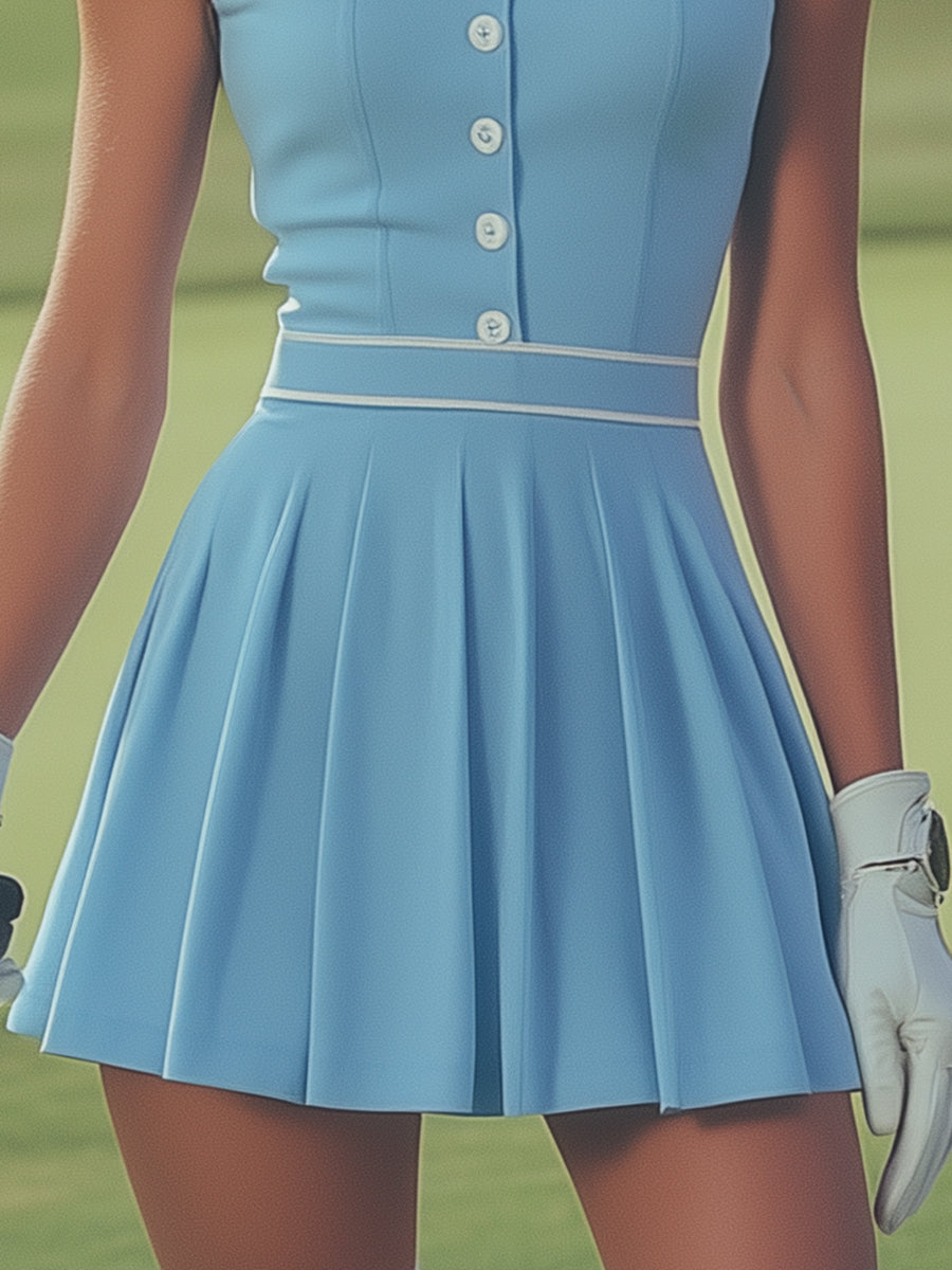[24-hour shipping out]Elegant Sports White Button Detail Baby Blue Sleeveless Mini Dress