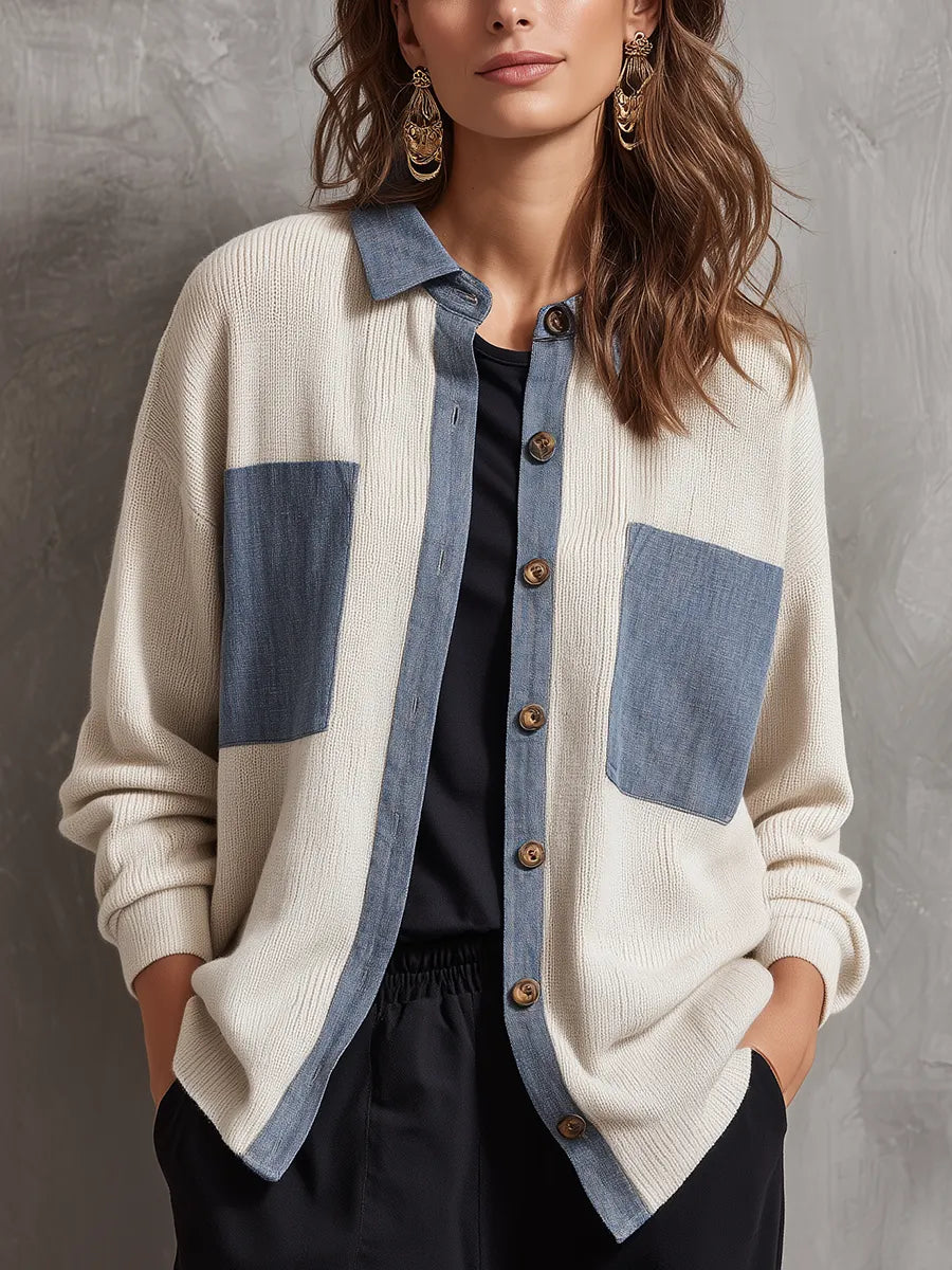 Classic Ivory Colorblock Knit Cardigan