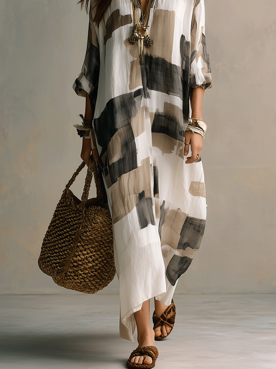 Boho Abstract Print Button-Front Relaxed Fit Maxi Dress