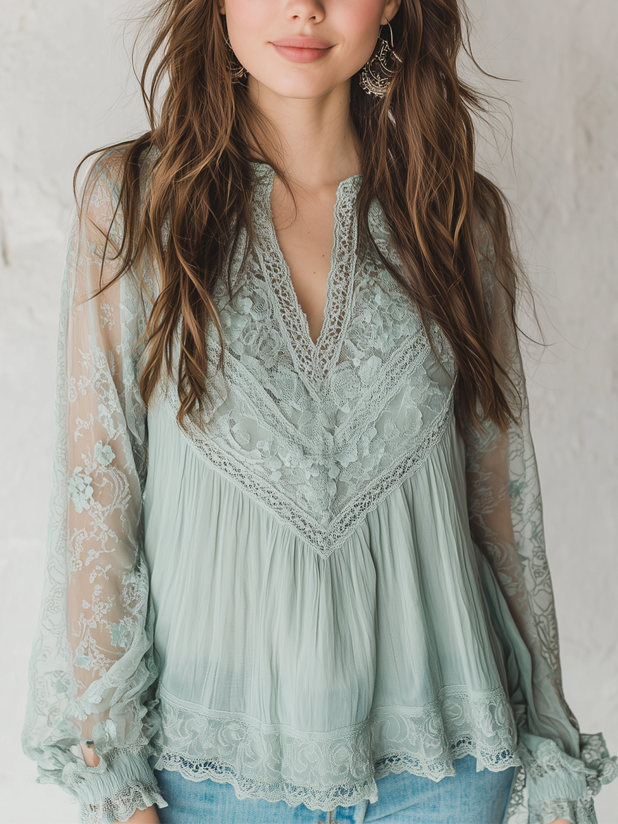 Bohemian Sage Lace V-Neck Blouse
