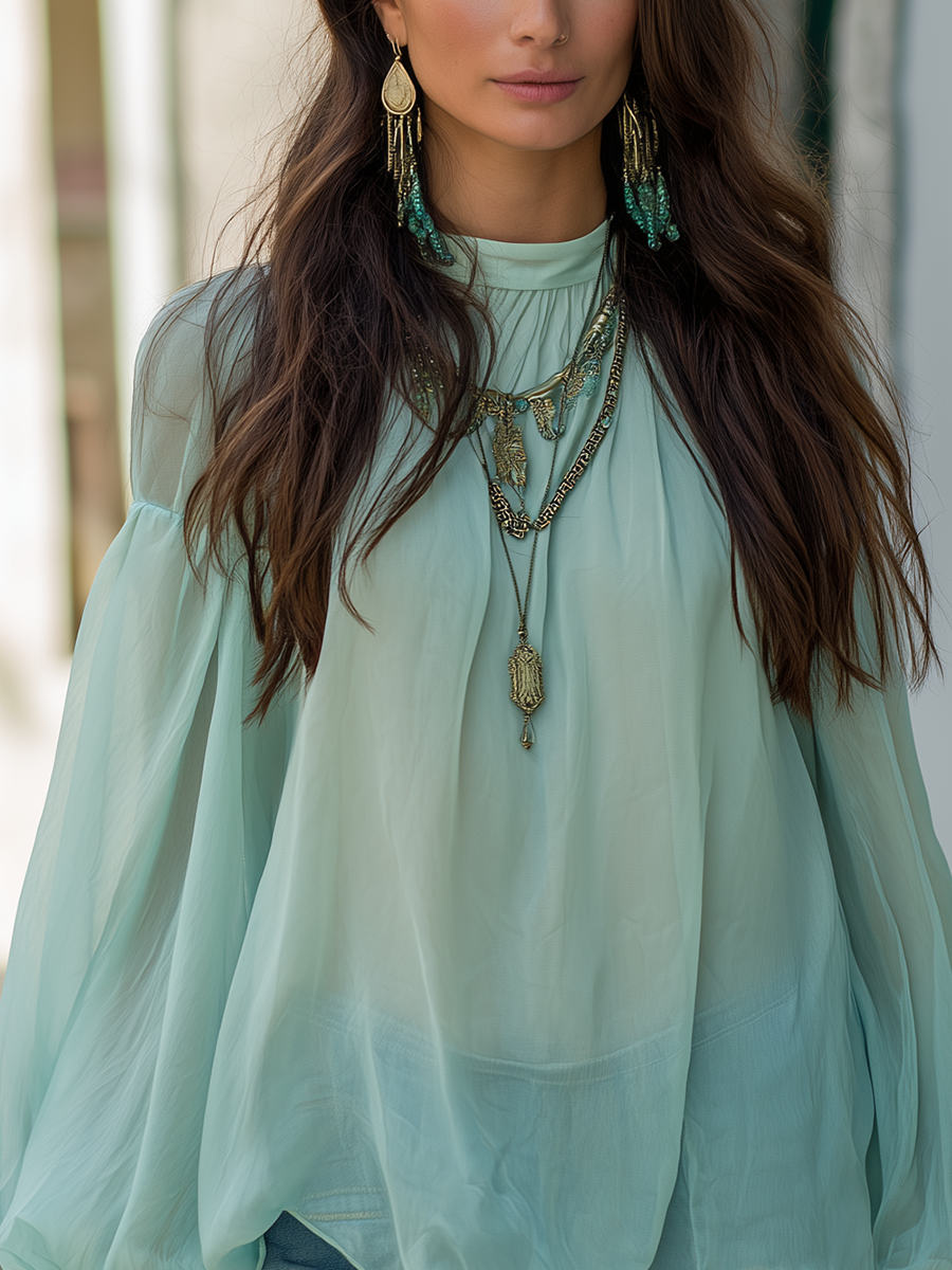 Relaxed Bohemian Sage Green Chiffon Blouse
