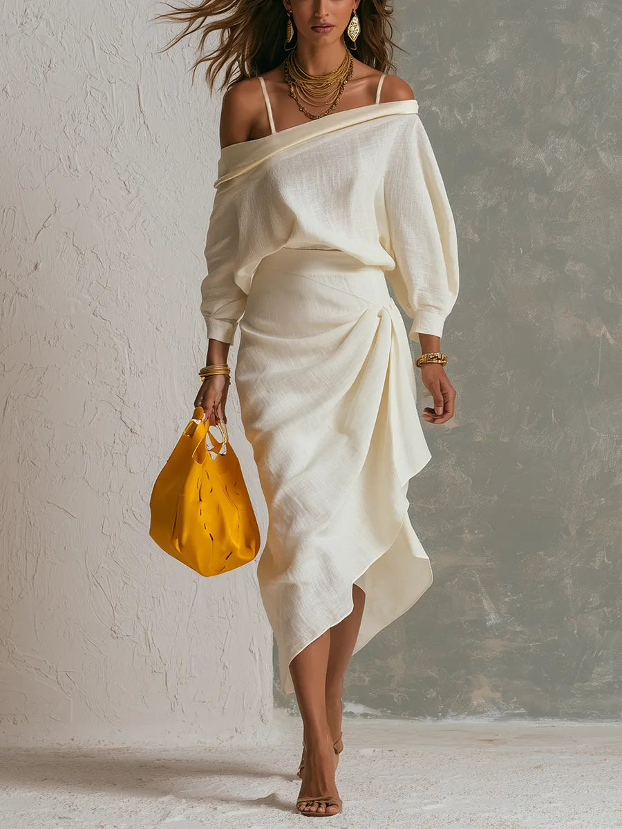Bohemian Cotton Linen Off Shoulder Top And Skirt Set
