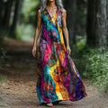 Women's Abstract Rainbow Art Print V-neck Tank Midi Dress