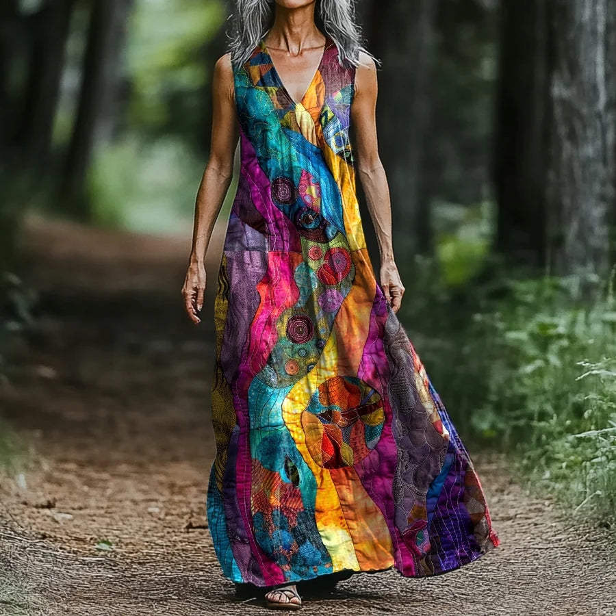Women's Abstract Rainbow Art Print V-neck Tank Midi Dress