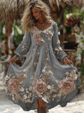 Women's Vintage Romantic White Rose Embroidery Art Comfy Linen Maxi Dress