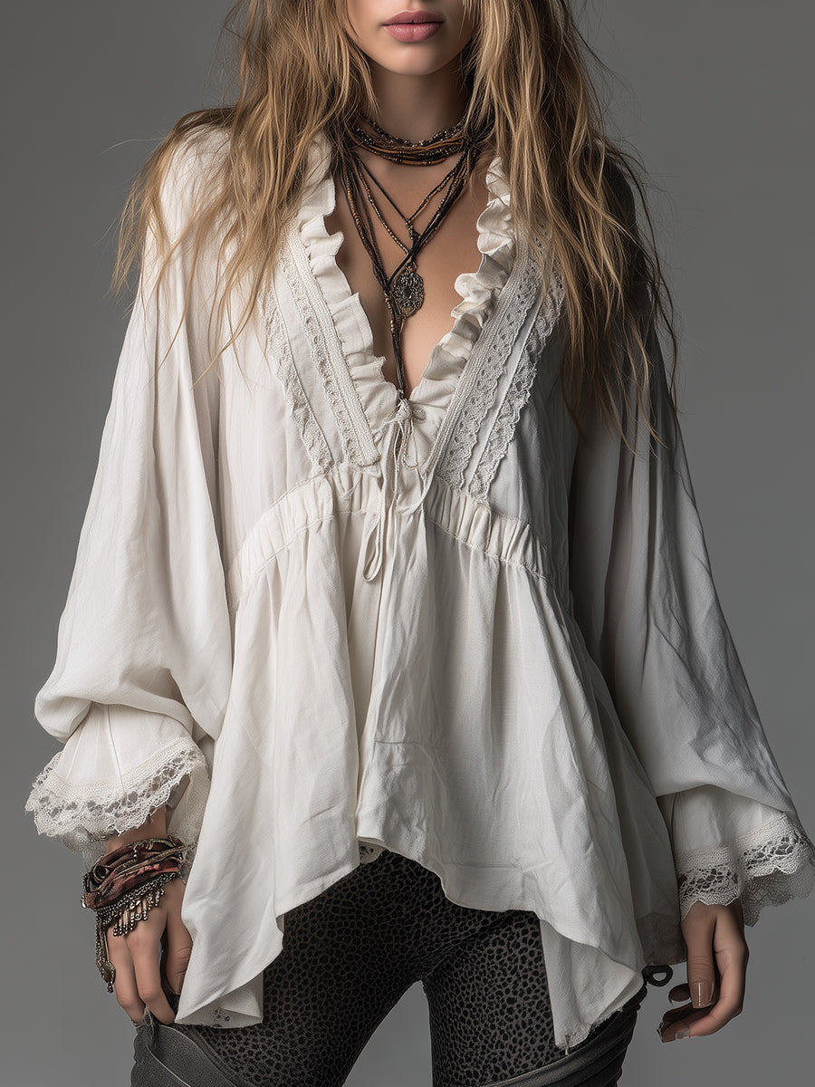 Bohemian-style Loose-fitting Cotton Blend Blouse With Lace Trim