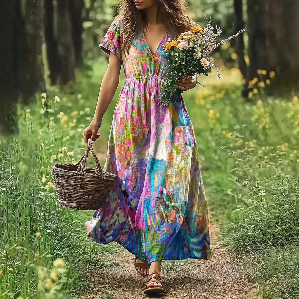 Women's Colorful Abstract Art Linen Dress