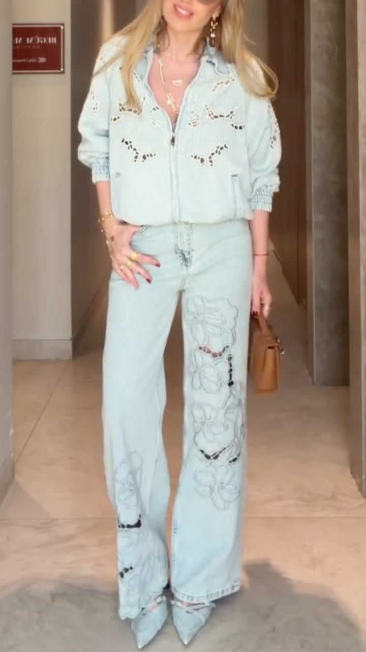 Light Blue Lace Cutwork Denim 2‑Piece Set