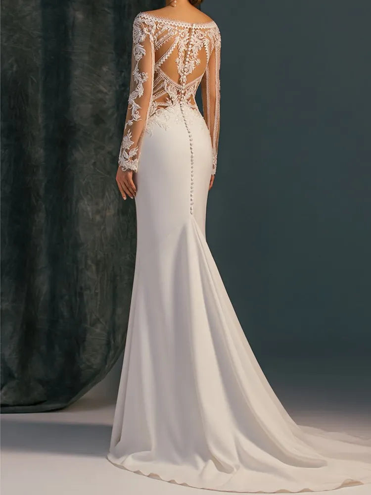 Elegant V-Neck Embroidered See-Through White Mermaid Wedding Maxi Dress