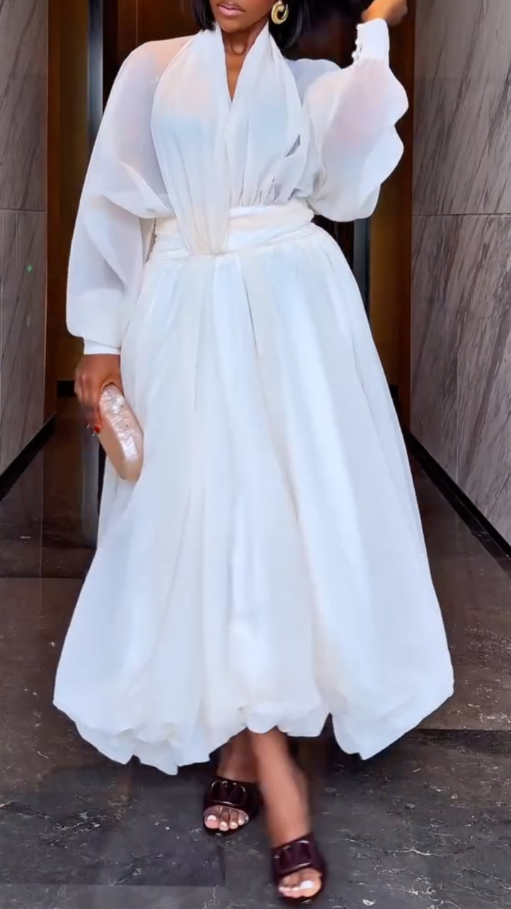 White Sheer Puff‑Sleeve Bubble‑Hem Midi Dress