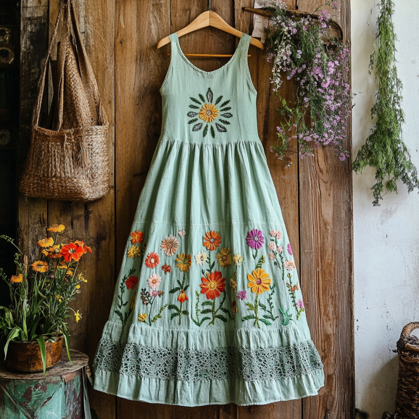 Vintage Boho Colorful Floral Embroidered Art Linen Tank Dress