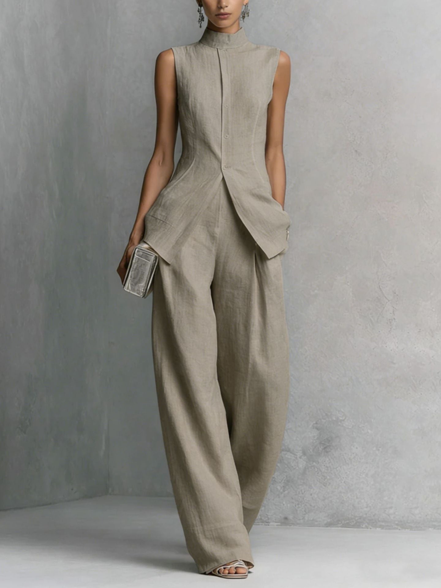 Women's Neo-Chinese Mock Neck Sleeveless Set - Elegant Wide-Leg Two-Piece Suit for Quiet Luxury Style