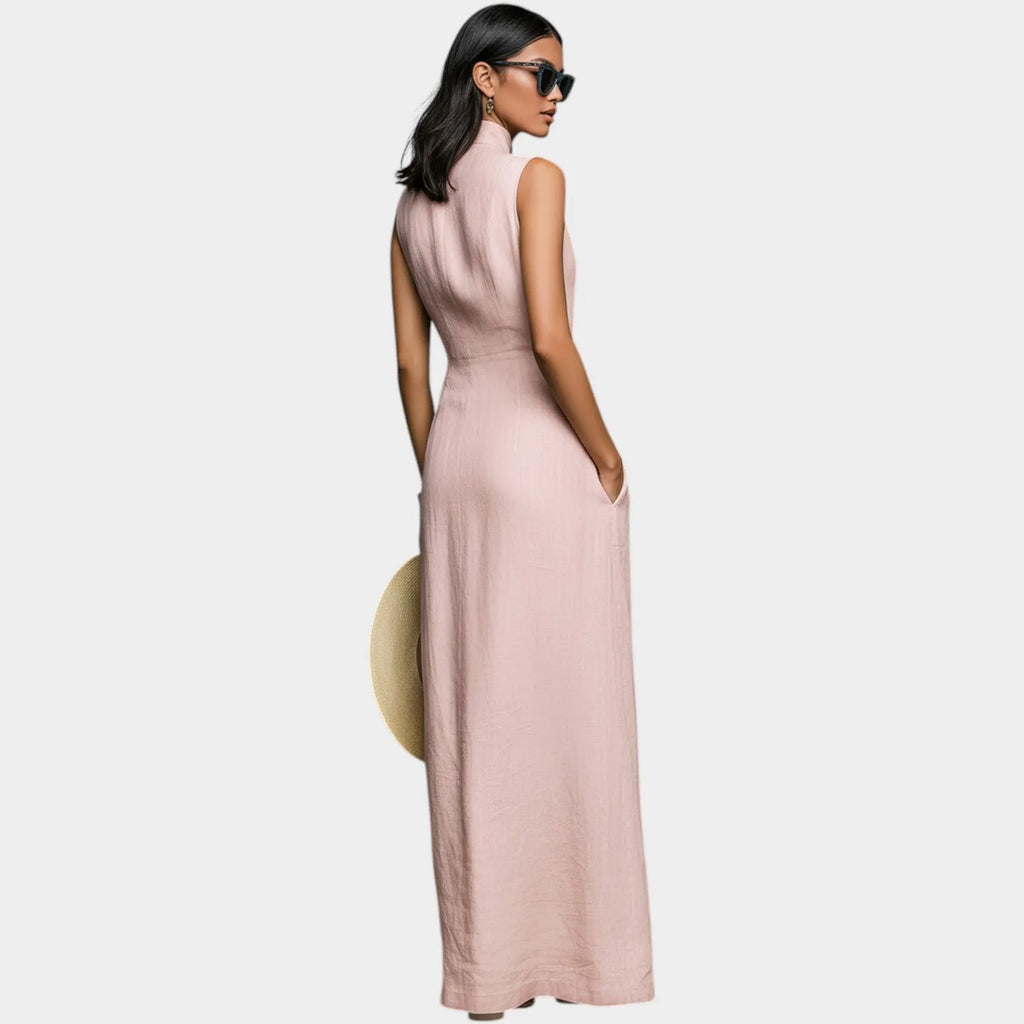Sleeveless High-Neck Button Maxi Dress