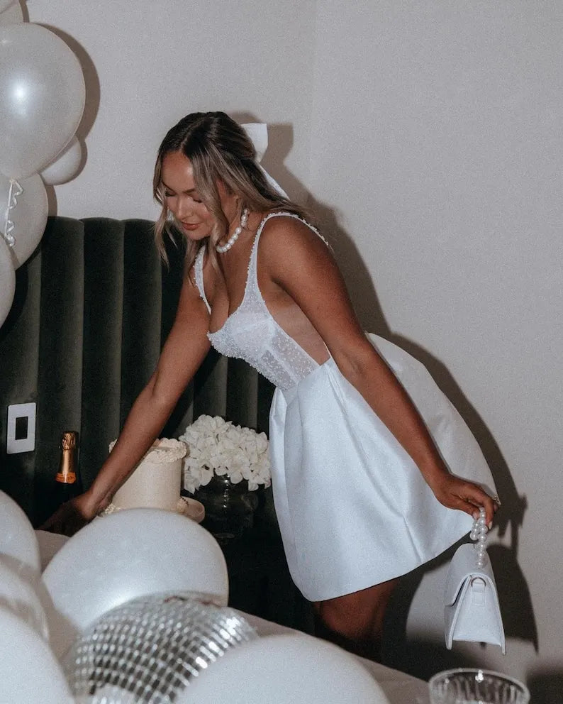 Delicate beaded wedding mini dress. Mini dress for party, dance dress, birthday party tailored to the bride's body measurements.