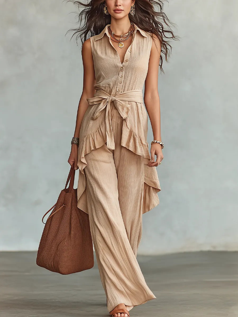 Refined Beige Sleeveless Ruffle Wide Leg Pant Set