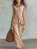 Refined Beige Sleeveless Ruffle Wide Leg Pant Set