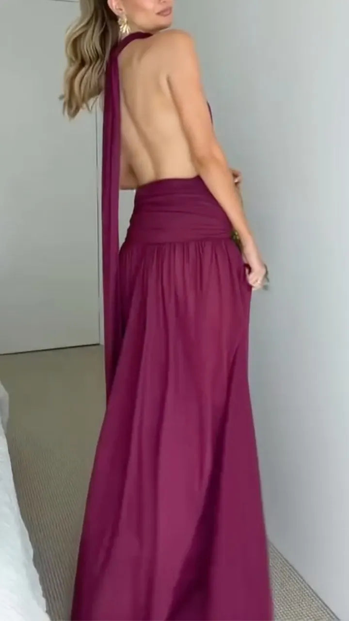 Elegant Halter Neck Pleated Waist Backless Maxi Dress