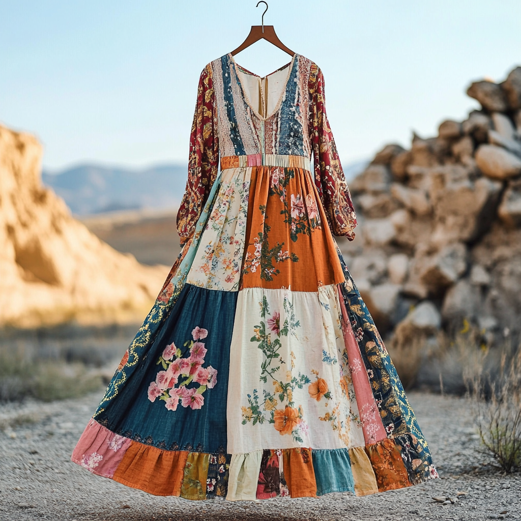 Women's Vintage Bohemian Applique Art Cotton And Linen Dress 7005