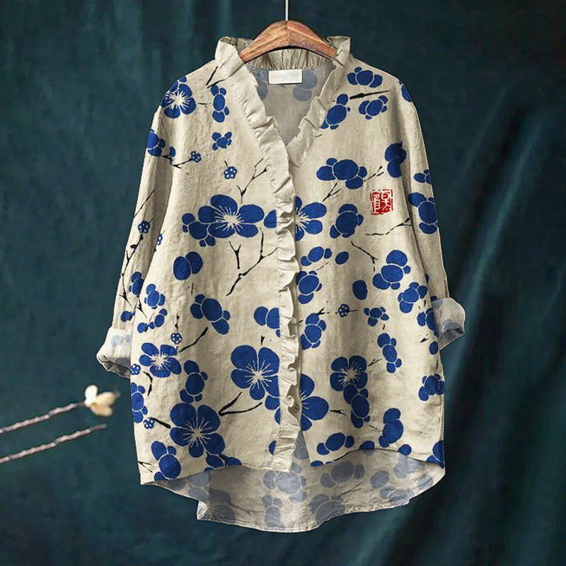 Cherry Blossom Japanese Lino Art Ruffle Trim Linen Blouse