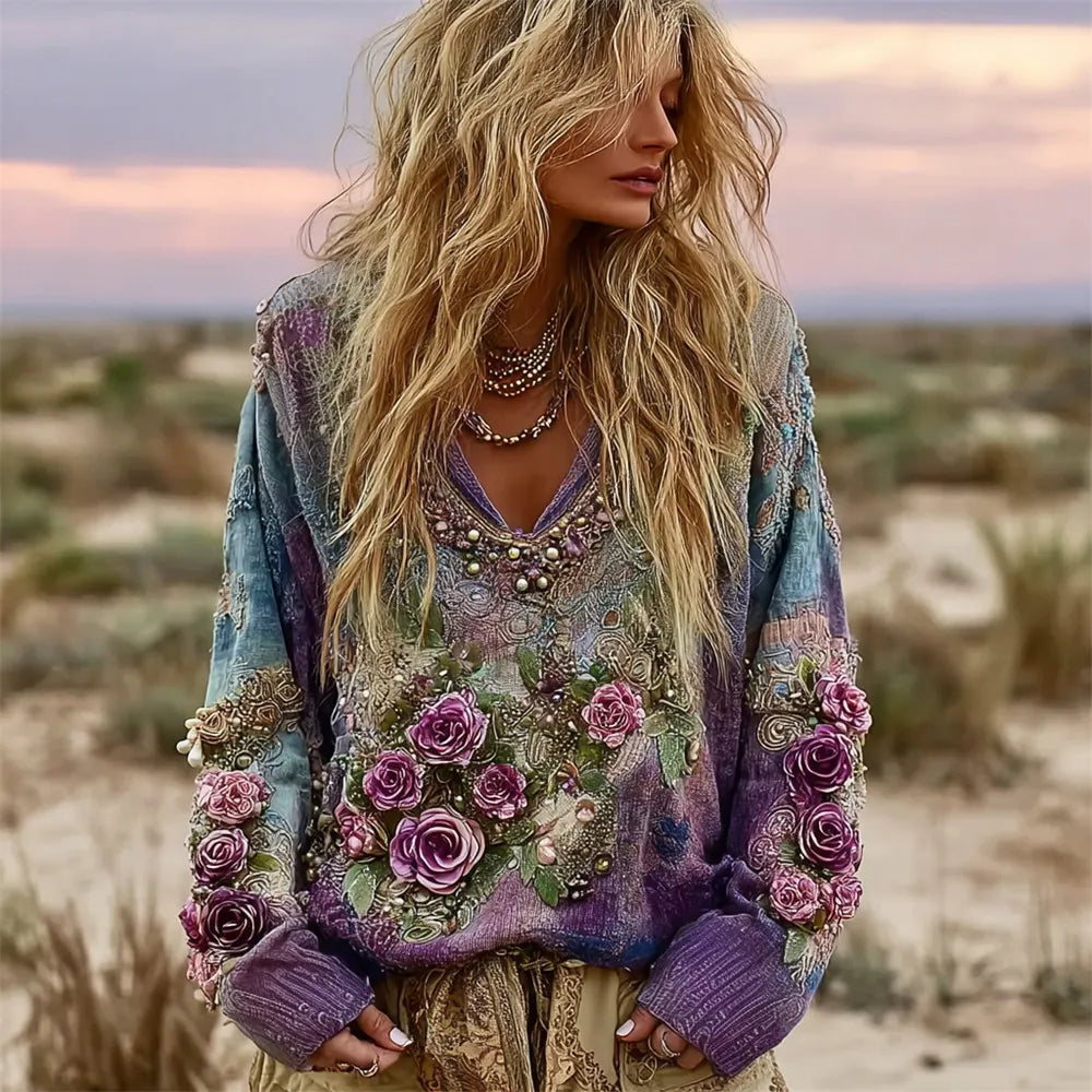 Vintage Boho 3d Floral Women's V-neck Sweater