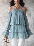 Airy Sky Blue Tiered Ruffle Halter Blouse