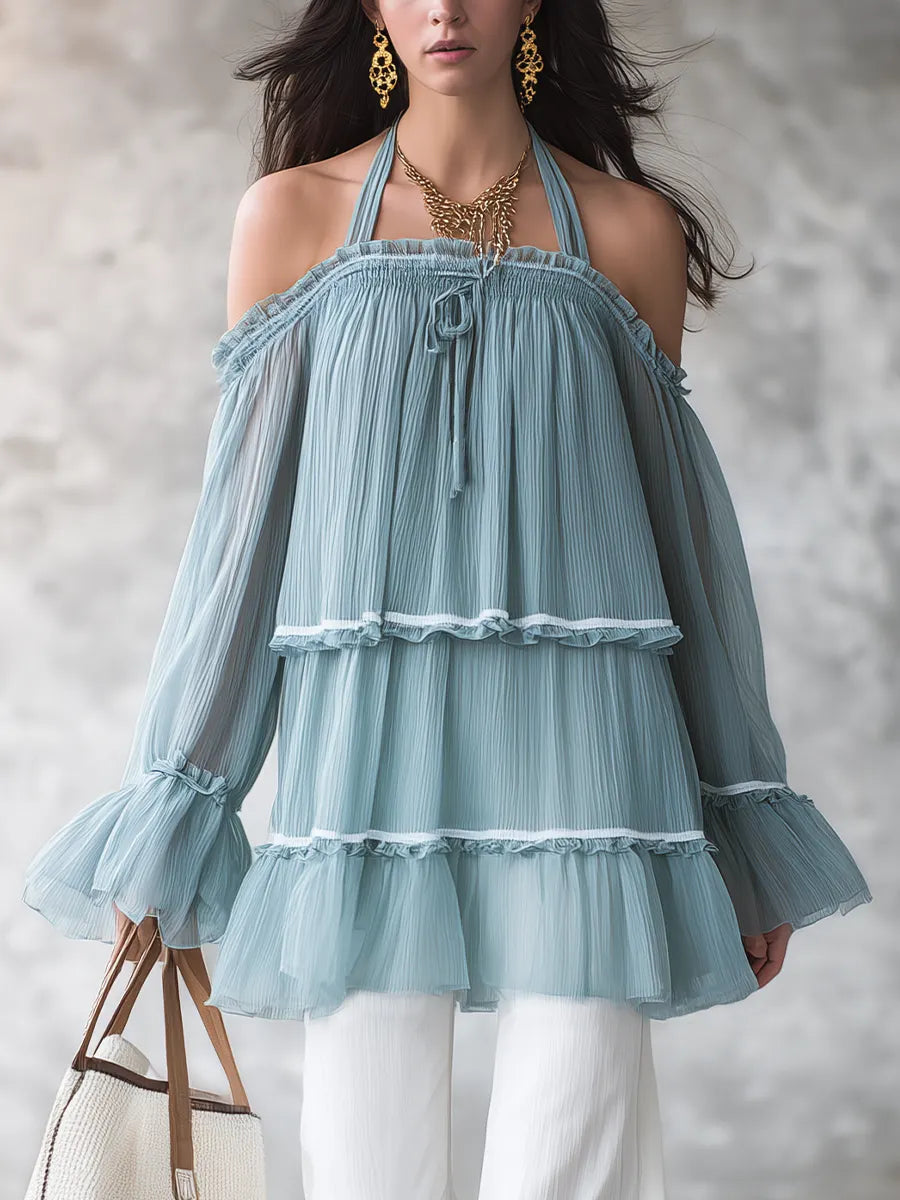 Airy Sky Blue Tiered Ruffle Halter Blouse
