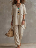 Casual Linen And Cotton Two-piece Top And Pants Set