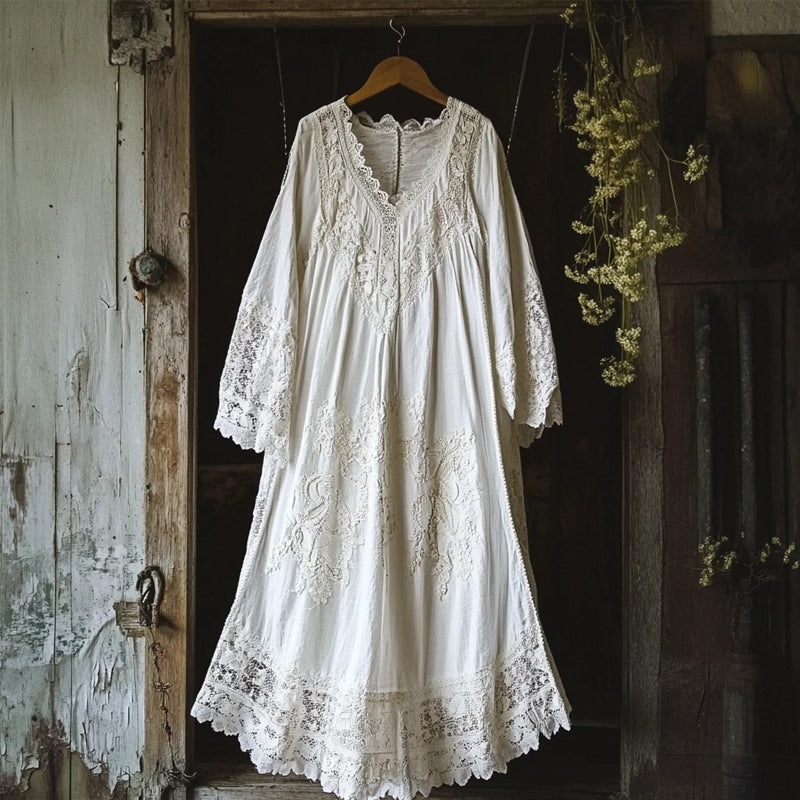 Vintage Floral Embroidered Lace Hem Linen Cozy Maxi Dress