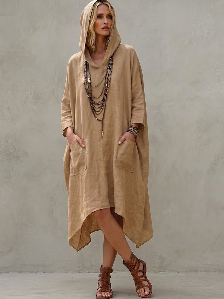 Loose-fit Casual Linen And Cotton Hooded Dress