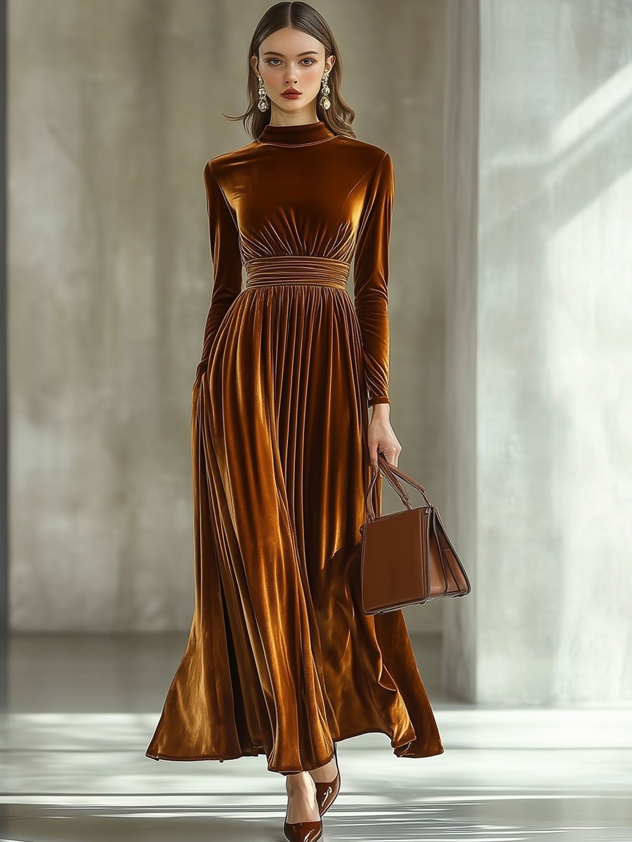 [24-hour shipping out]Solid Color Simple Party Long Sleeve Half Turtleneck Maxi Dress