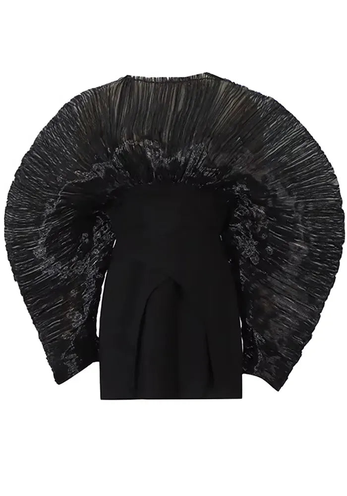 Long Sleeve Pleated Puff Dress Black