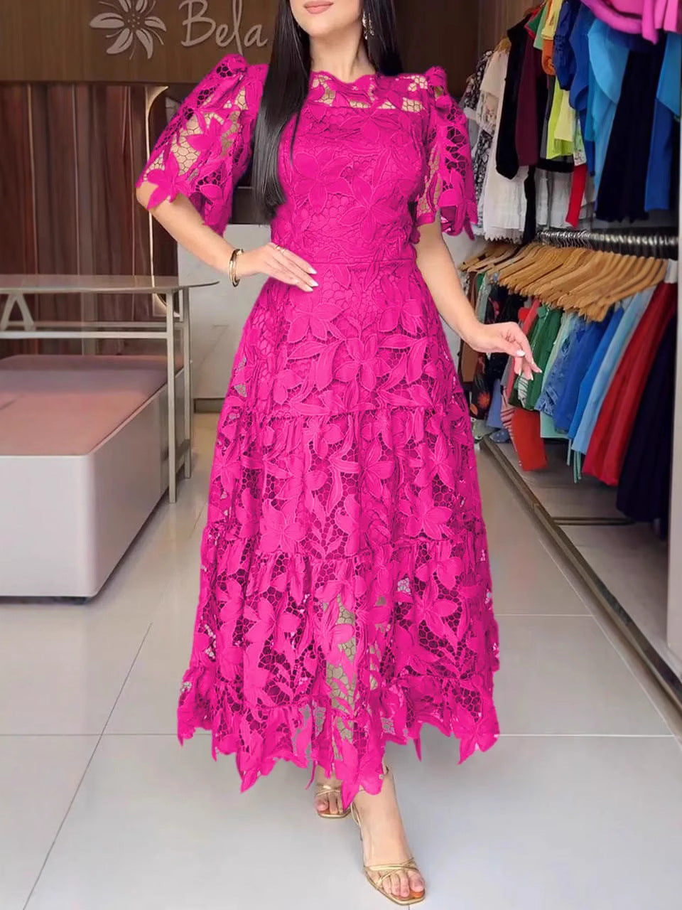 3D Floral Lace Tiered Midi Dress