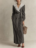 Elegant Charcoal Lace Collar Double-Breasted Maxi Dress