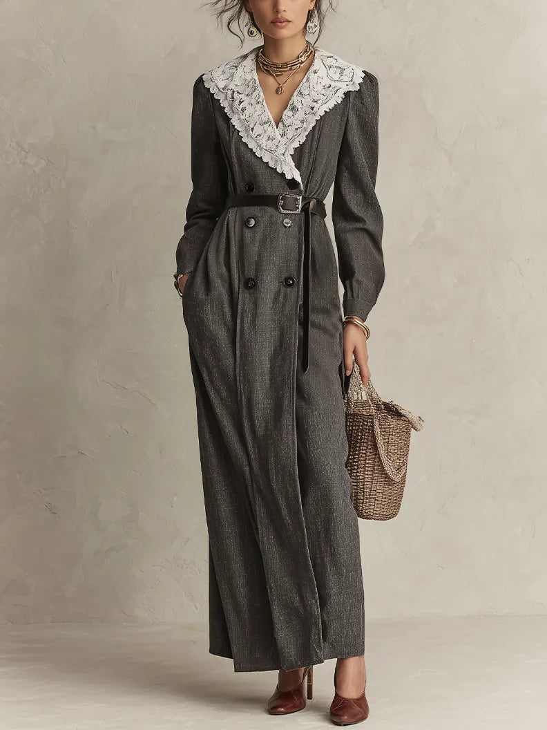 Elegant Charcoal Lace Collar Double-Breasted Maxi Dress