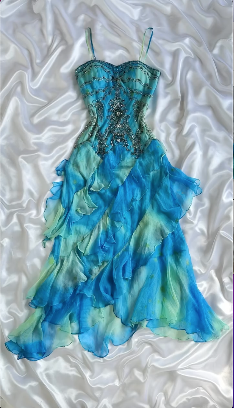 Blue Green Ombre Beaded Strappy Midi Dress