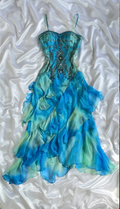 Blue Green Ombre Beaded Strappy Midi Dress