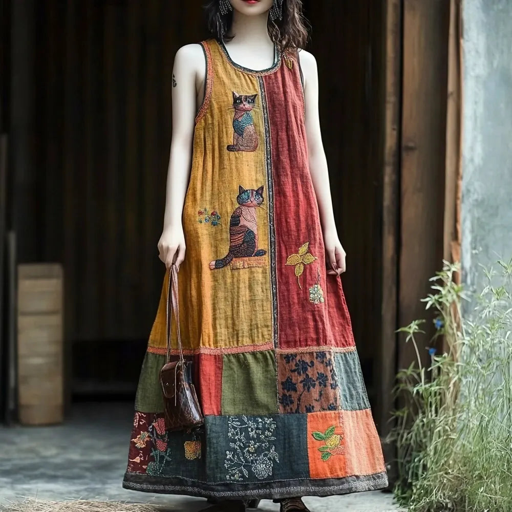 Vintage Floral & Cat Patchwork Linen Vest Long Dress 2c64
