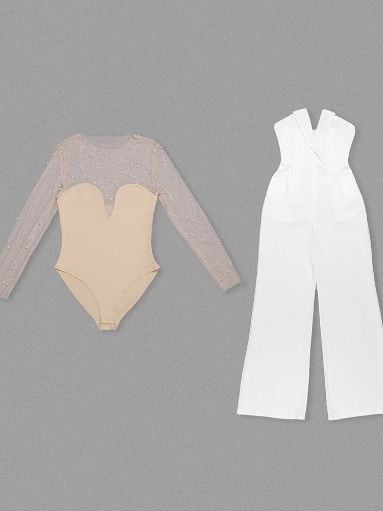 Trend4us Pearl Mesh Bodysuit and White Jumpsuit Set