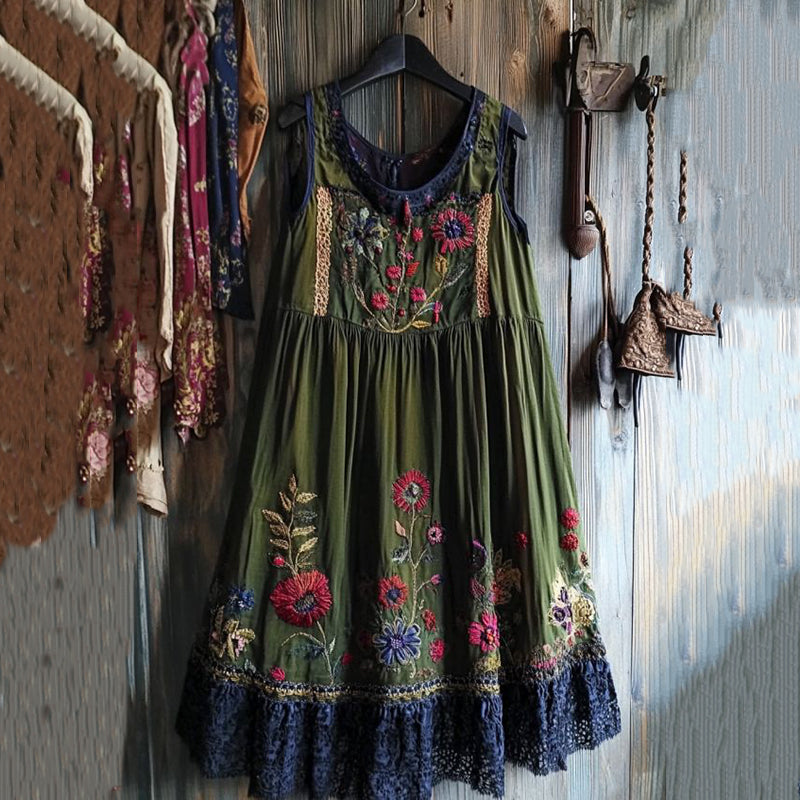 Vintage Tribal Embroidered Floral Art Sleeveless Midi Dress