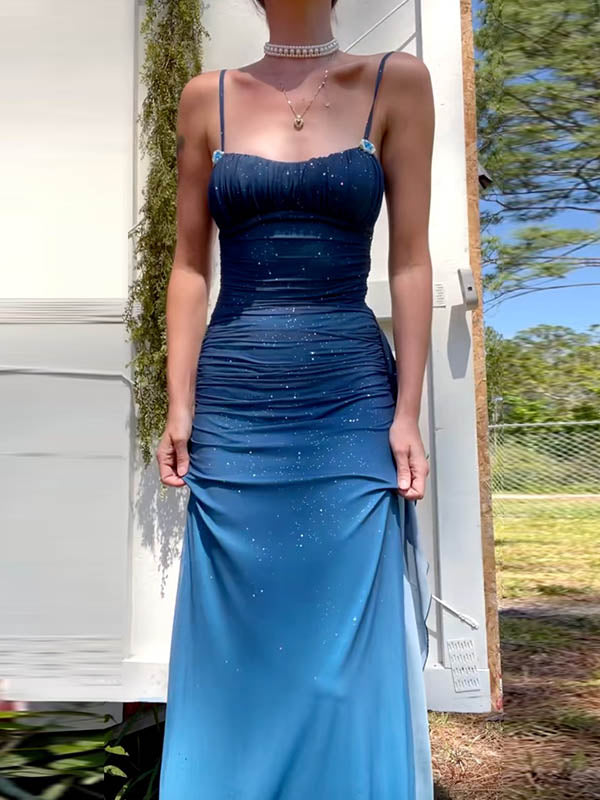 Ombre Blue Strappy Ruched Maxi Dress