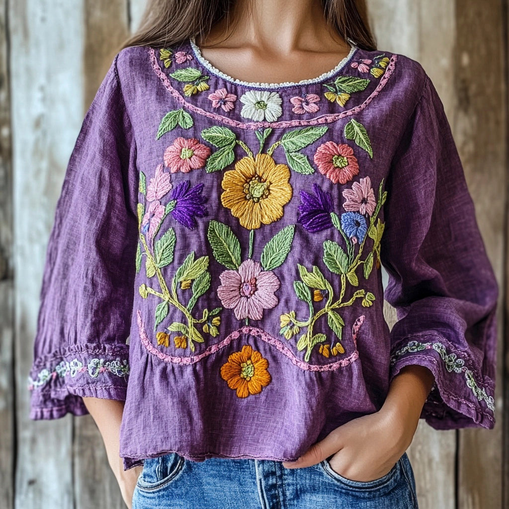 Purple Ethnic Floral Embroidery Vintage Women's Linen Shirt