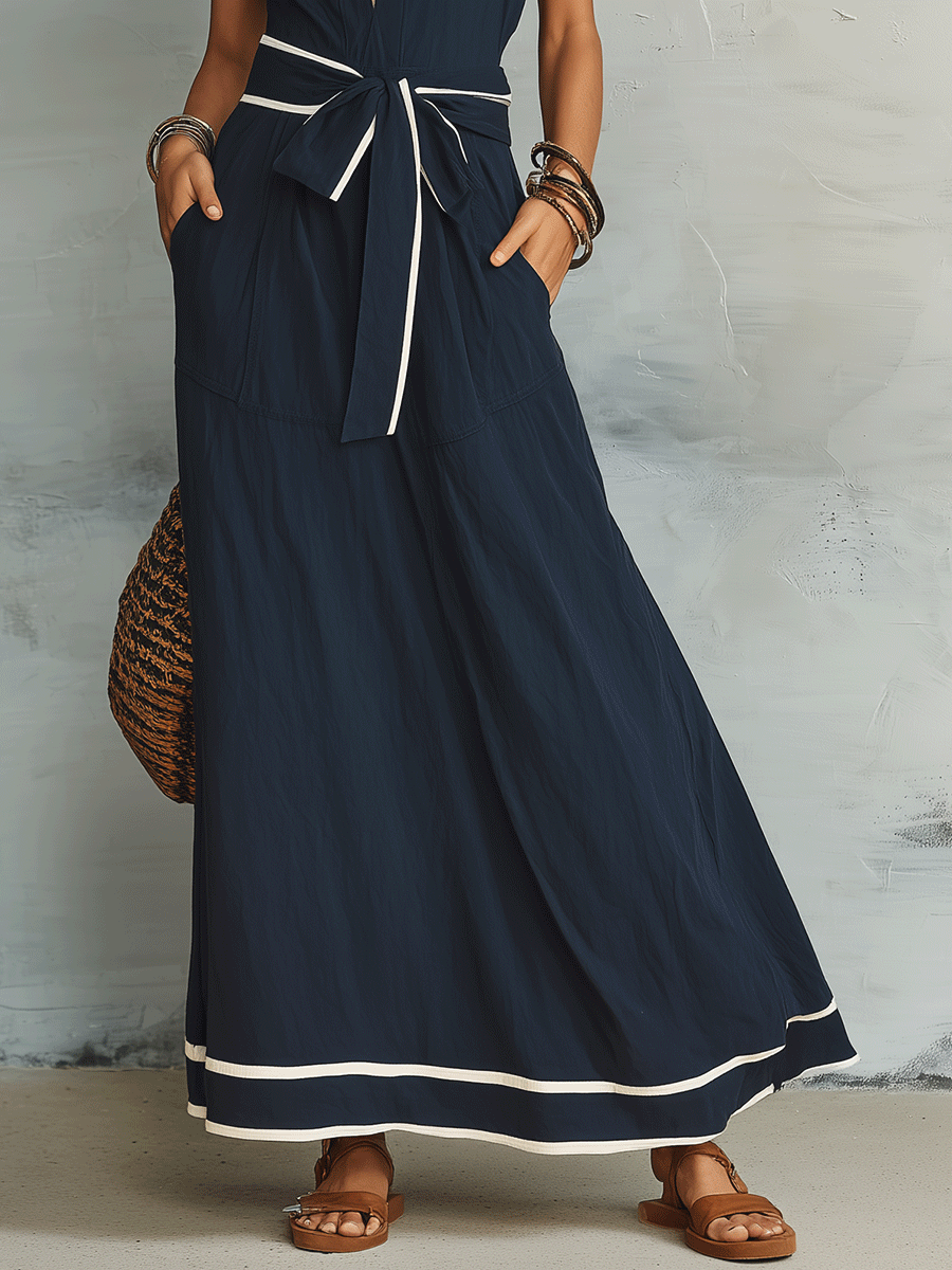 Effortless Coastal Elegance Contrast Collar Tie-Waist Maxi Dress