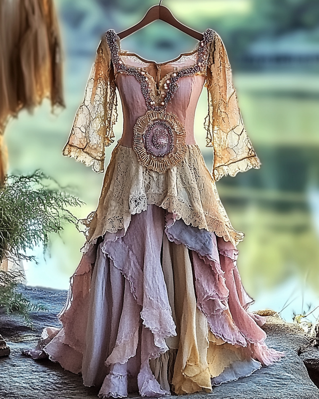 Summer Irregular Lace Patchwork BeadedRuffle Dress 3f33