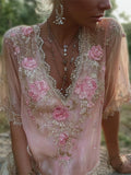 Vintage Boho Glitter Floral Lace Flowy Linen Tunic