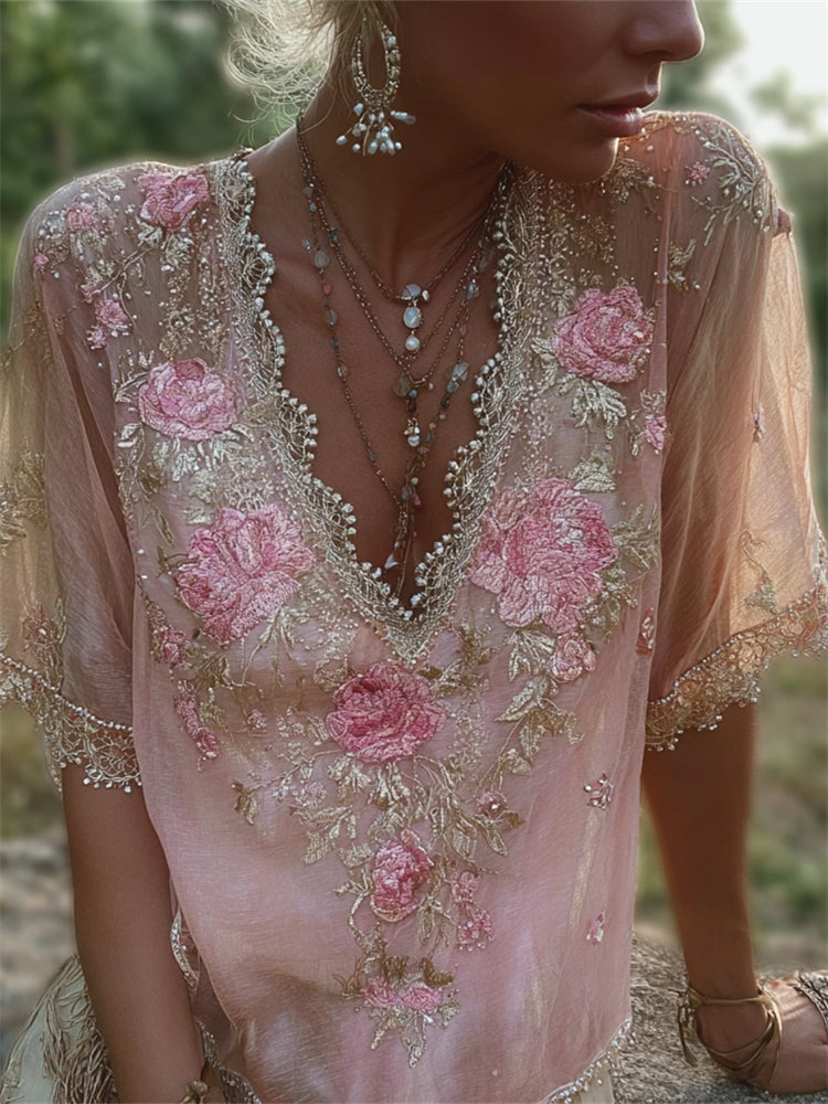 Vintage Boho Glitter Floral Lace Flowy Linen Tunic