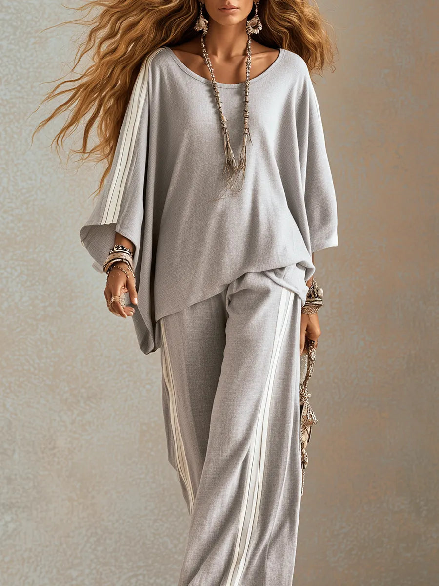 Bohemian Gray Cotton Linen Wide Leg Pants Suit