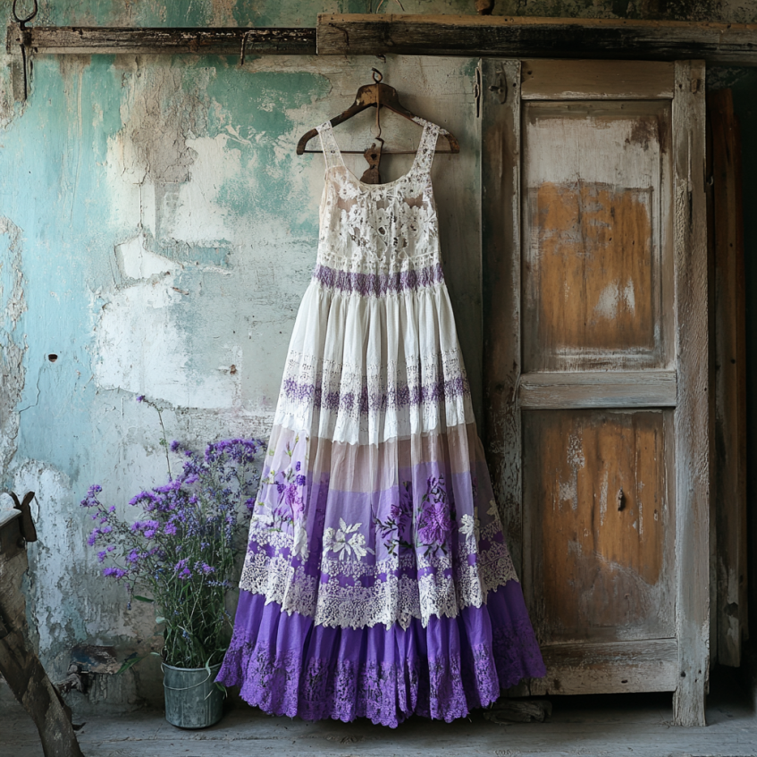 Boho Gradient Lavender Embroidered Pattern Lace Linen Dress