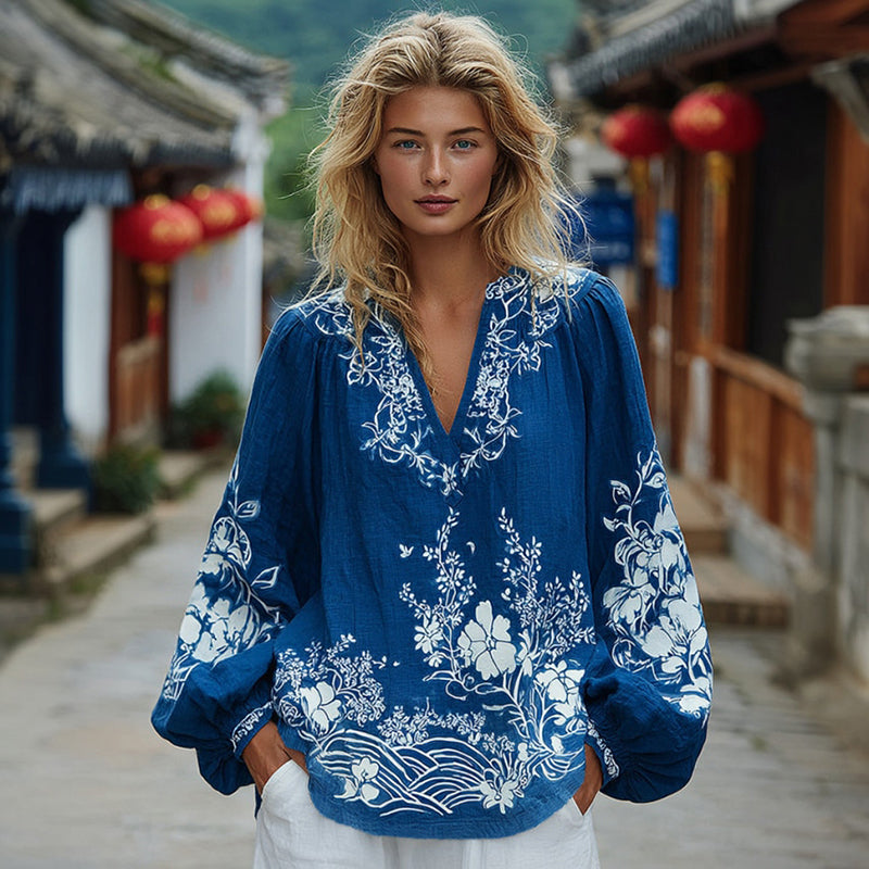 Women's Floral Pattern Linen V-neck T-shirt