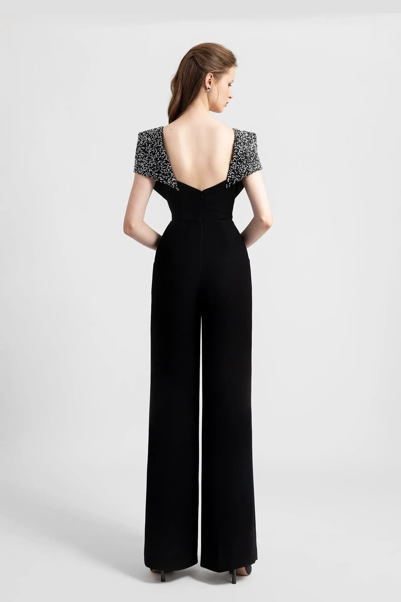 Beaded shoulders crepe jumpsuit